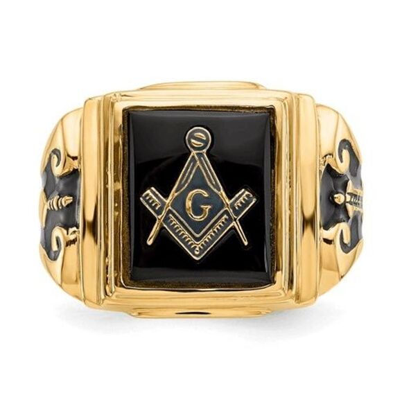 New 10k Men's Polished and Textured with Black Enamel and Onyx Masonic Ring - Picture 10 of 15